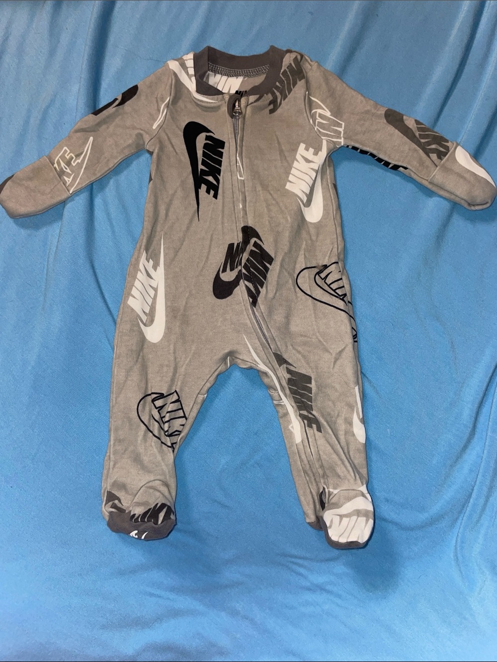 Nike Gray White and Black Logo Baby Footed One-Piece